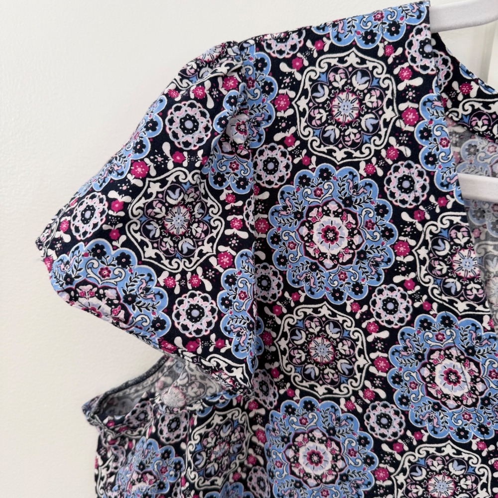 Loft Women's Flounce Dress Short Sleeve Blue Pink Floral Buttons Ruffle Size XL - Picture 3 of 12